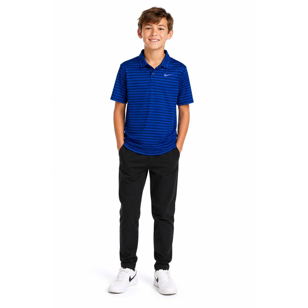 Nike Golf Dri-FIT Boys XL Blue Black Striped Polo Shirt Athletic